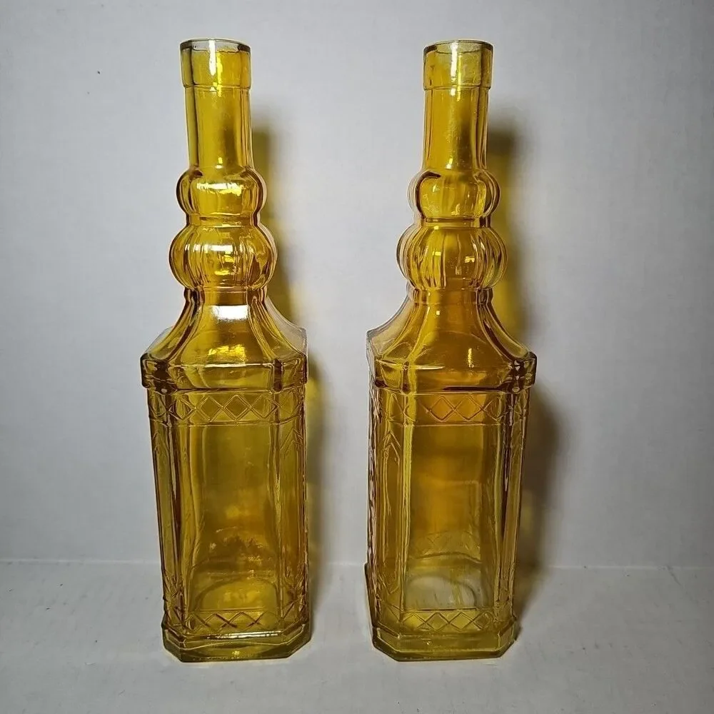 Set Of 2 Vintage Amber Embossed  Decanters Bottles 11.5